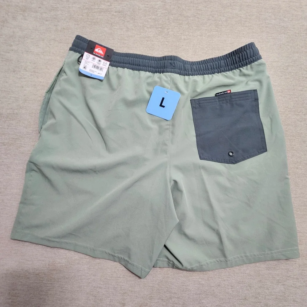 Quiksilver NWT Swim Trunks Mens Large Green Grey Quick Dry Stretch UPF 50